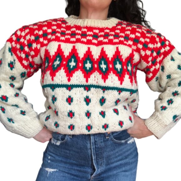 Vtg Hand Knit Christmas Nordic Southwestern Aztec Fisherman Grandpa Wool Sweater - Picture 12 of 13